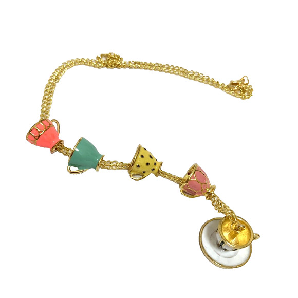 Multicolor Teacups & Saucers Necklace Drop Pendant Enameled Cups Gold Tone Chain - Picture 11 of 15